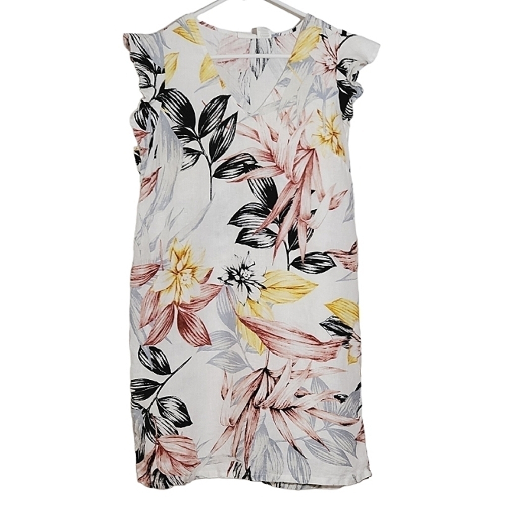 1521 * C&C Calfornia Floral 100% Linen Dress White Black Red Size S